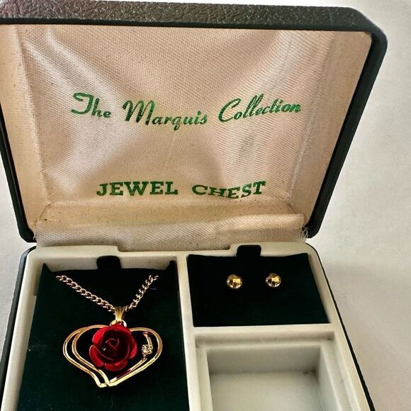 The Marquis Collection gold tone heart pendant with red rose necklace and earrin - Picture 3 of 15